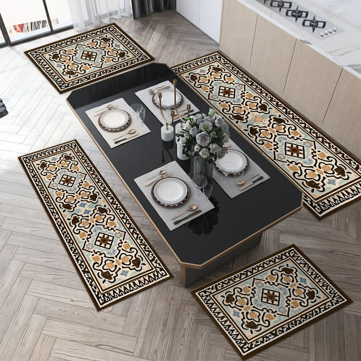 TECHVIDA Kitchen Rugs 4 Piece Set,Non Slip Machine Washable Kitchen Mats,Boho Vintage Abstract Kitchen Carpet for Farmhouse Living Room Hallway