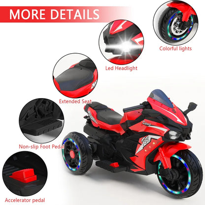 HNH 12V Kids Motorcycle, Electric Dirt Bike, 3 Wheel Powered Ride ons Toys with LED Lights, Bluetooth Music