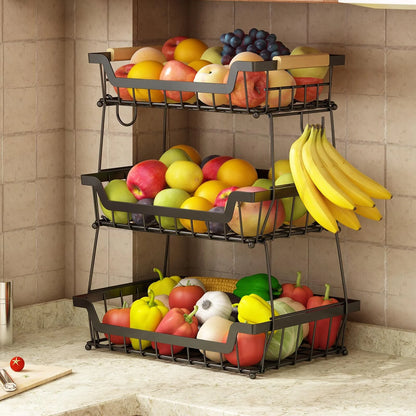 WERSEON 3 Tier Countertop Fruit Basket, Fruit Bowls with 2 Hangers for Kitchen, Detachable Metal Organizer Basket for Bread Vegetable Fruits with Wooden Handle