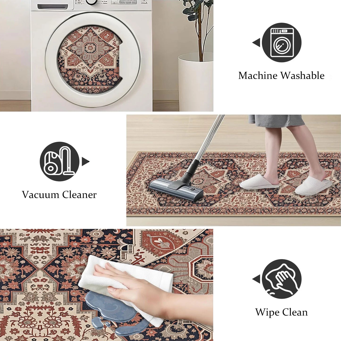 TECHVIDA Kitchen Rugs 3 Piece Set,Non Slip Machine Washable Kitchen Mats,Boho Vintage Abstract Kitchen Carpet for Farmhouse Living Room Hallway