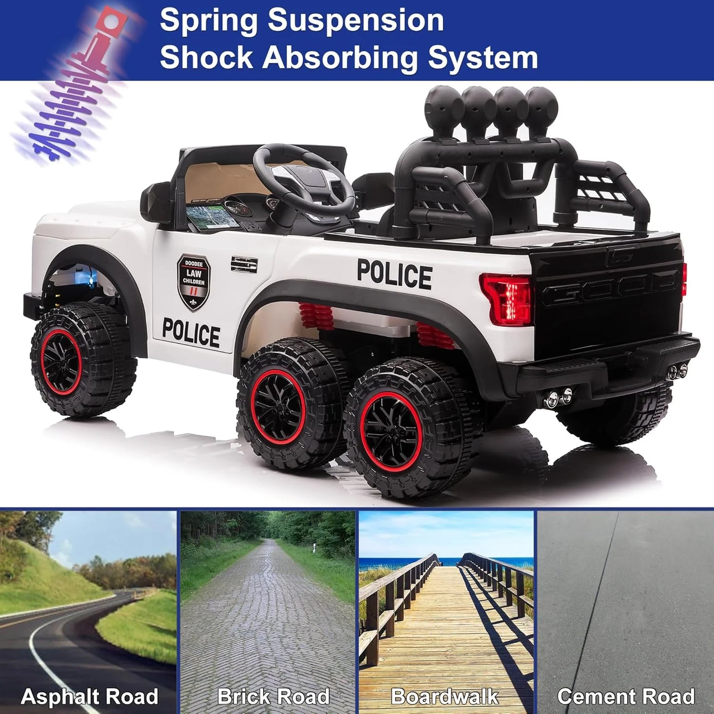 24V Electric Police Car for Kids 2 Seater, Six Wheel Ride on Toy for Big Kids with Remote Control, 400W Motors, 5mph Max Speed-White
