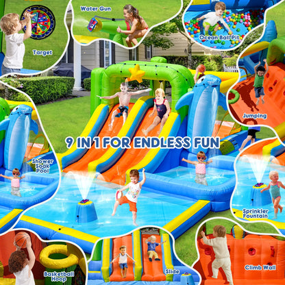 HNH Inflatable Water Park Double Slide Bouncy House with Splash Pool, Water Gun, Basketball, Climbing Wall, Dual Pools for Outdoor Party, Ages 3-12
