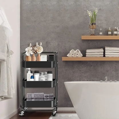Cheelom 3-Layer Small Trolley Storage Rack, Floor-Standing, Kitchen Bathroom Bedroom Bedside Rack, Black