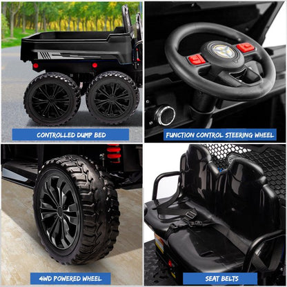 HNH 24V 2 Seater Ride On Car with 6 Large Wheels, Battery Powered Dump Truck with 2.4G Remote Control, Ride On Toy with Dump Bed, 4 Motors, 3 Speeds, Bluetooth