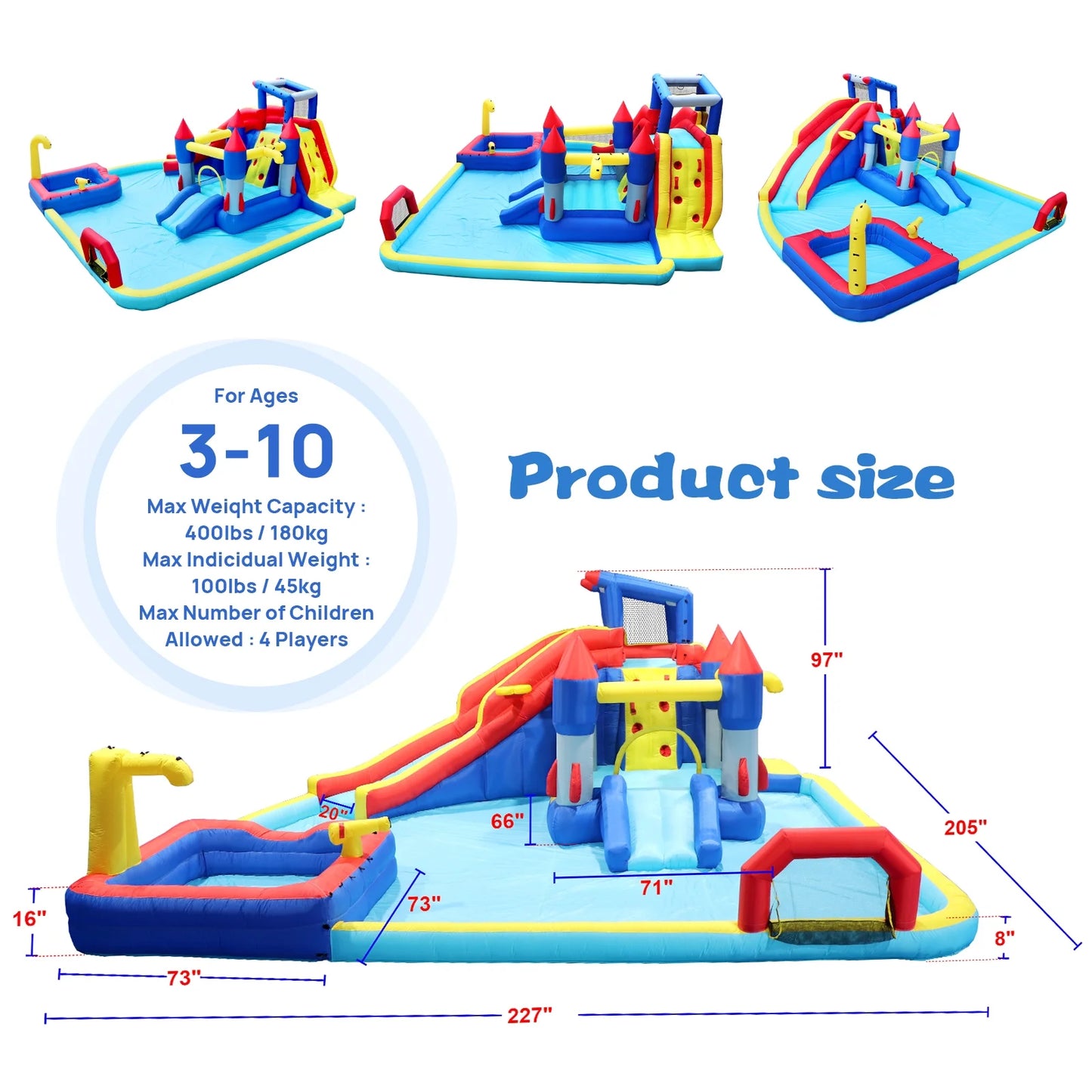 HONGLONG 10 In 1 Kids Inflatable Slide Water Park Trampoline Bouncing House, Outdoor Bounce House with Blower, Splash Pool, Climbing Wall , Water Toys for 3-10 Years Old