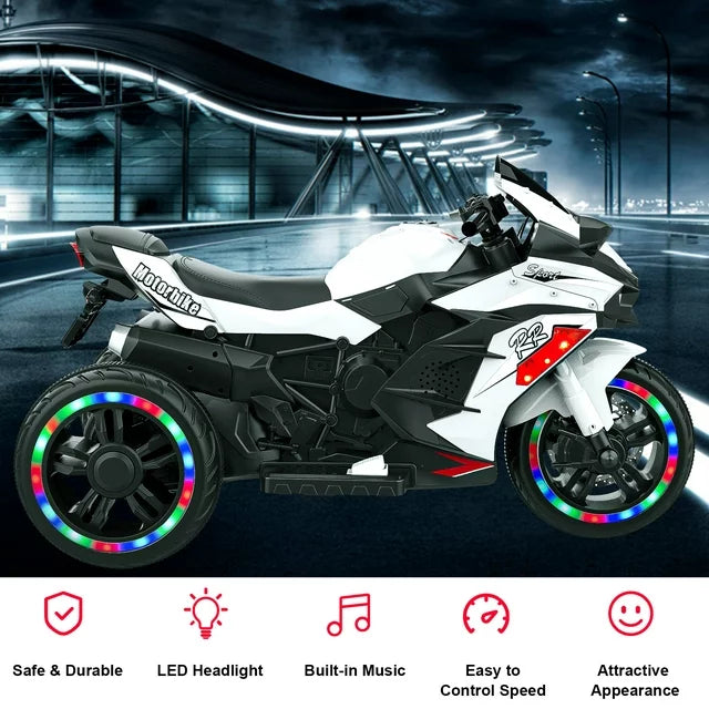 Techvida 12V Kids Electric Motorcycle, Battery Powered Kids Motor Bike 3 Wheels Kids Electric Car for Kids with LED Headlights, White