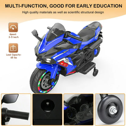 HONGLONG 12V Kids Ride On Motorcycle, Battery Powered Electric Motorcycle Toys with LED Lights for 2-4 Year Kids,Blue