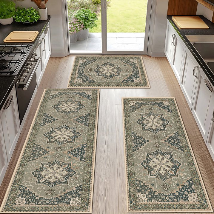 TECHVIDA Kitchen Rugs 3 Piece,Kitchen Mats for Floor, Non-Slip Machine Washable Rugs, Boho Farmhouse Hallway Doormat for Holiday