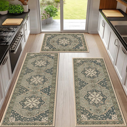 TECHVIDA Kitchen Rugs 3 Piece,Kitchen Mats for Floor, Non-Slip Machine Washable Rugs, Boho Farmhouse Hallway Doormat for Holiday