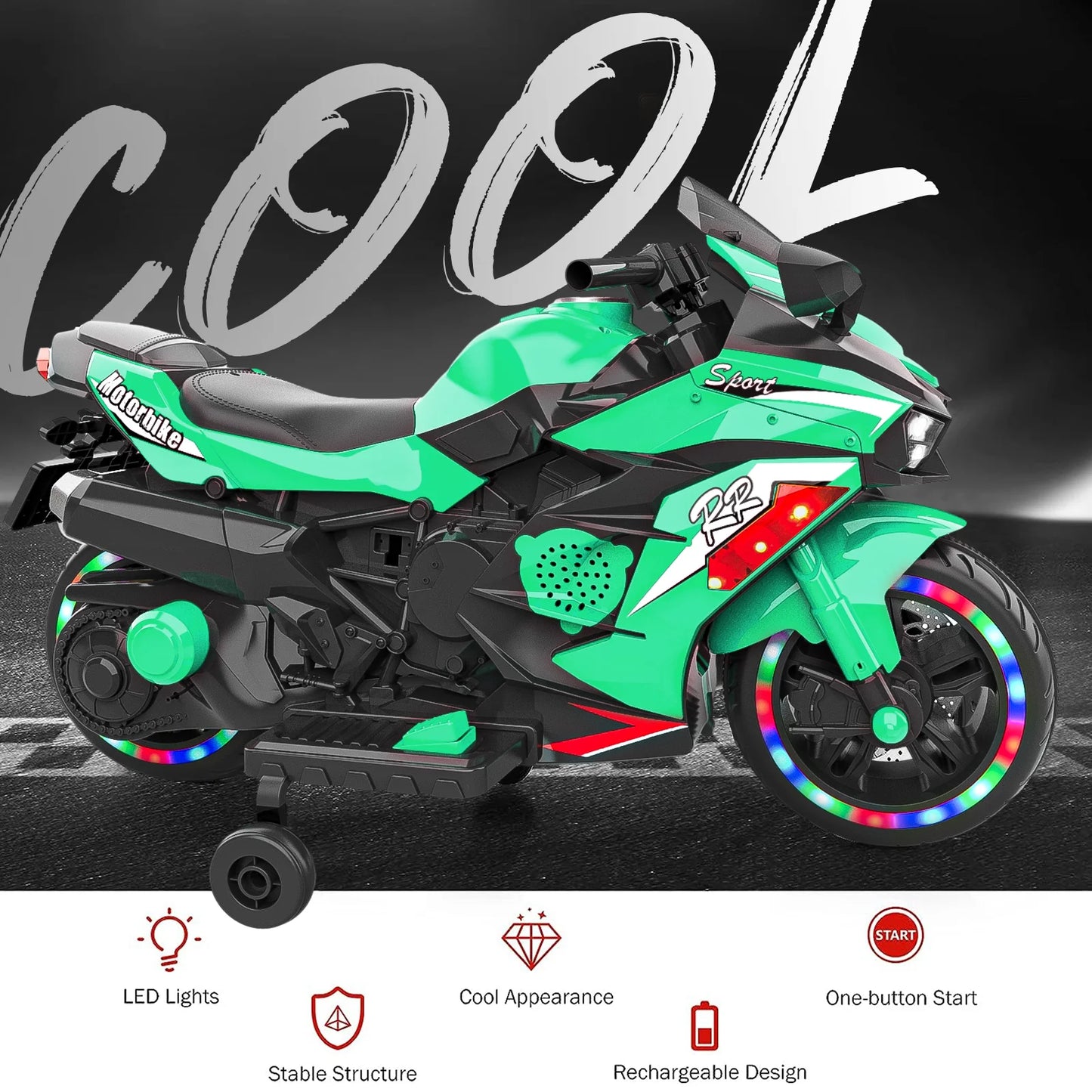 Cheelom 12V Kids Ride on Motorcycle, 2 Wheels Motorbike for Kids with Training, Lights,Music Green