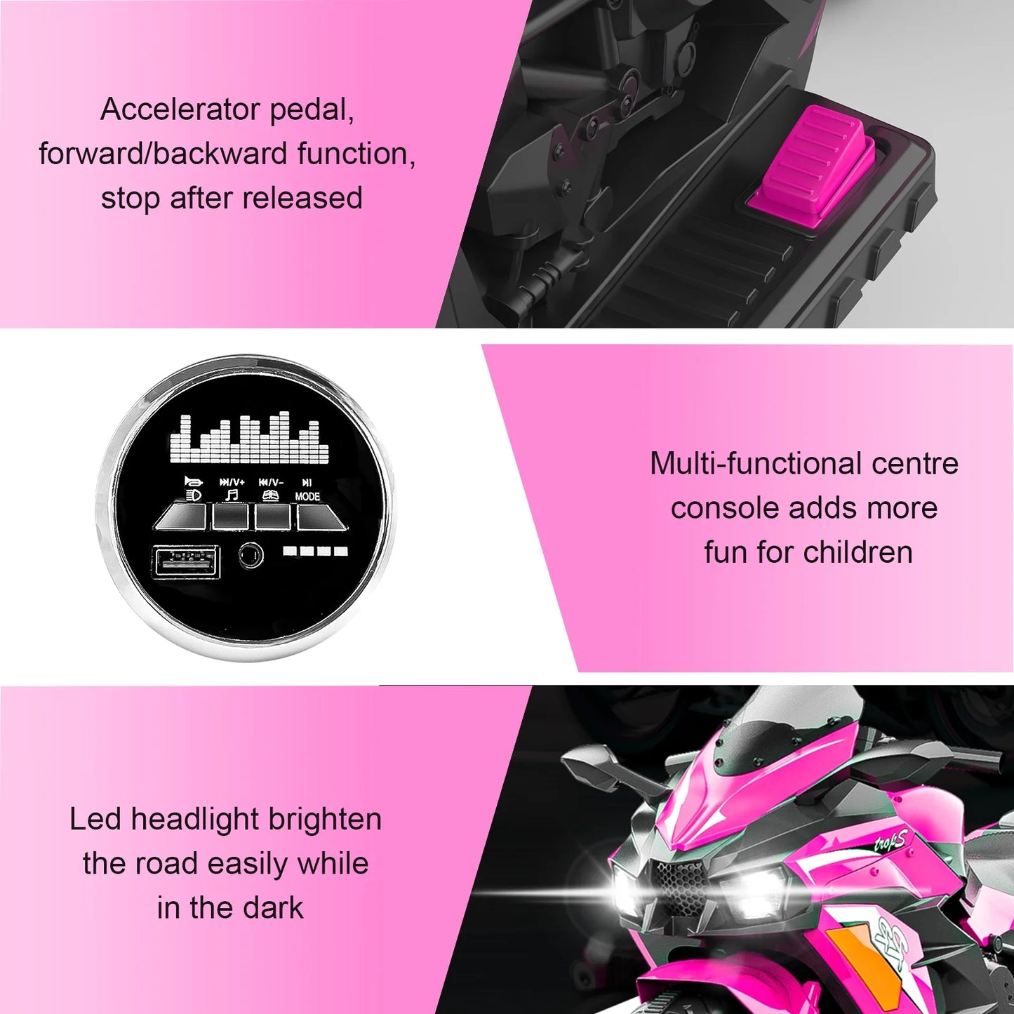 Zogymoz 12V Ride on Motorcycle for Kids, Pink Electric Dirt Bike with LED Light, Bluetooth Music, Motorbike Ride on Toy