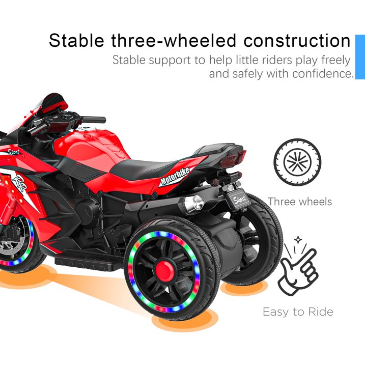 HONGLONG 12V Ride on Motorcycle for Kids, 3 Wheels Electric Motorcycle with LED Lights, Bluetooth Music, Red