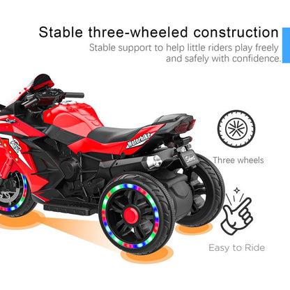 HONGLONG 12V Ride on Motorcycle for Kids, 3 Wheels Electric Motorcycle with LED Lights, Bluetooth Music, Red