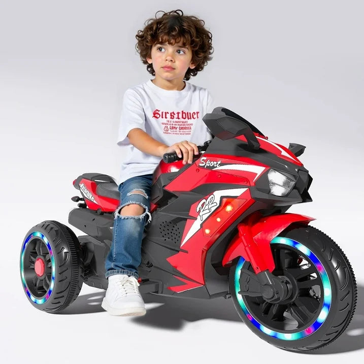 HNH Kids Motorcycle for Kids 3-8, 12V Battery Powered Bike Electric Motorbike, 3 Wheels Ride on Toys with LED Lights, Bluetooth Music