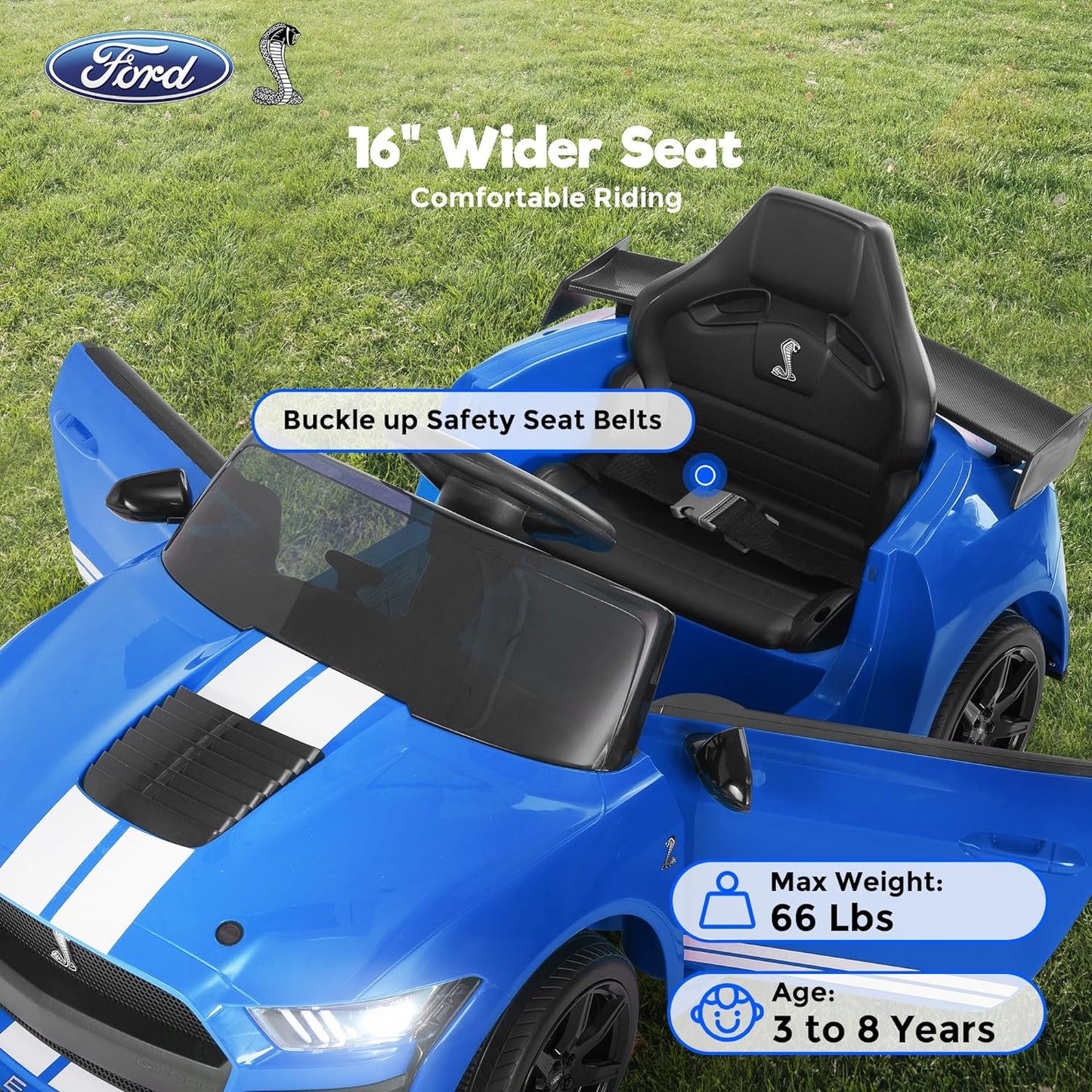 Ride on Toy Cars for Kids,12V Ford Mustang Shelby Powered Ride on Truck Car with Remote Control,Electric Vehicle Car for kids Girl Boy 3-6 w/Music,Bluetooth,LED Lights,3 Speeds,4 Wheelers,Blue