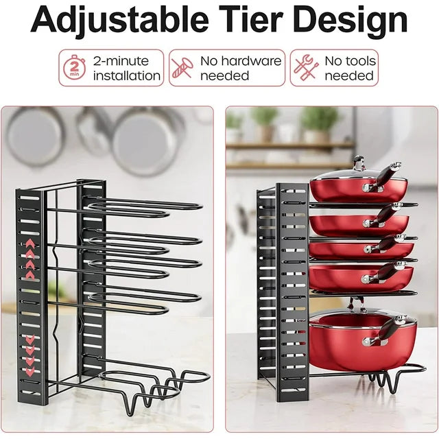 Techvida Pot Rack Organizer, 8-Tier Kitchen Pot and Pan Organizer with 4 Hooks, Adjustable Pot Organizer for Cabinet,Pot Pan Rack under Sink Organizers and Storage