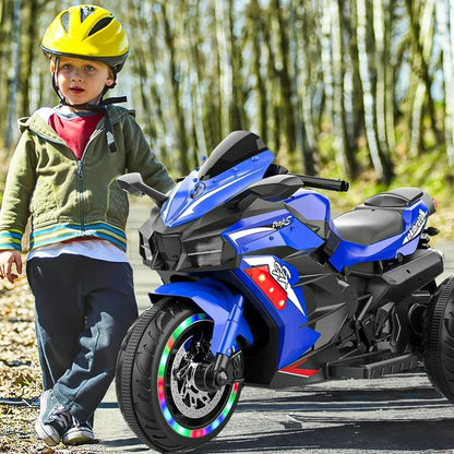 Techvida 12V Kids Motorcycle, Battery Powered Electric Vehicle with 3 Wheels, LED Lights, Foot Pedal, Ride On Motorcycle for Boys Girls (Blue)