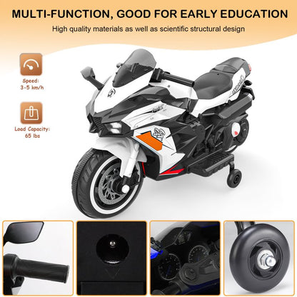 12v Motorcycle for Children, Ride on Motorcycle with Light Wheel and PU Seat, Electric Motorcycle for Kid, White
