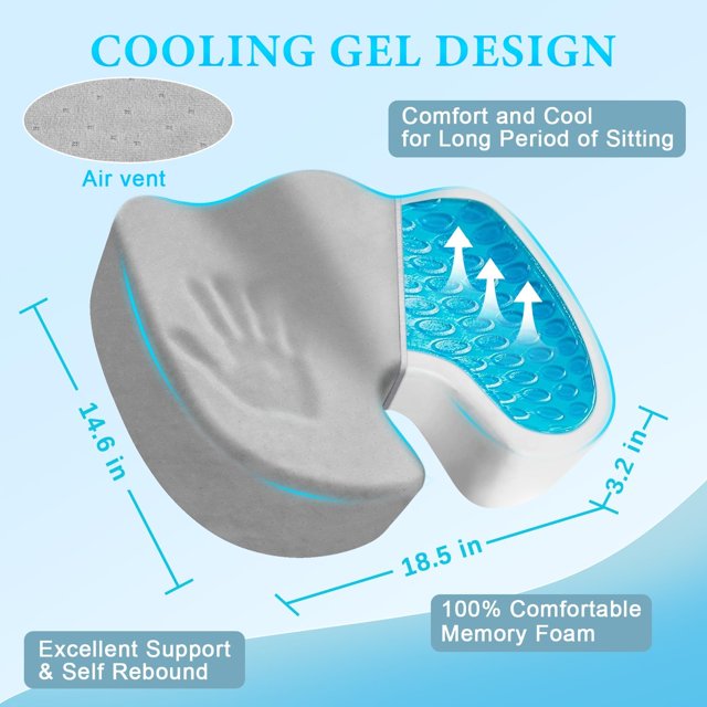 ELTPOWER Memory Foam Seat Cushion Cooling Gel Butt Pillow Car Seat Cushion Butt Pillow for Tailbone Pain Relief Chair Cushion Gray