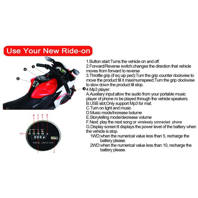 HNH 12V Ride on Motorcycle for Kids Battery Powered Dirt Bike for Child Electric Motorcycle with Light Wheels,Bluetooth,3Mph