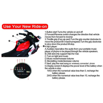 HNH 12V Ride on Motorcycle for Kids Battery Powered Dirt Bike for Child Electric Motorcycle with Light Wheels,Bluetooth,3Mph
