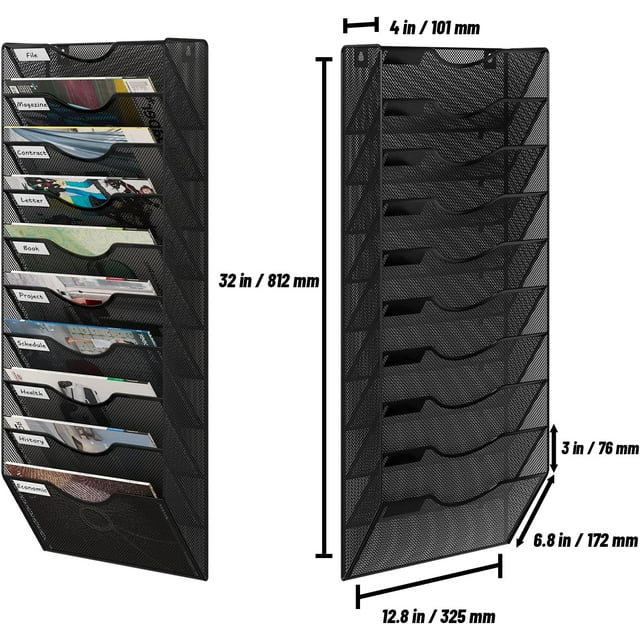 Techvida 10 Tier Metal Mesh Wall File Holder, Office Hanging File Folder Magazine Rack Metal Mail Organizer