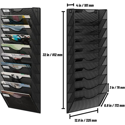 Techvida 10 Tier Metal Mesh Wall File Holder, Office Hanging File Folder Magazine Rack Metal Mail Organizer