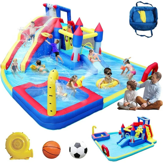 10 in 1 Inflatable Water Slide Kids Bounce House with Splash Pool & Water Gun & Basketball & Climbing Wall & Dual Pools & Soccer,650W Air Blower, 18.92x17.08FT