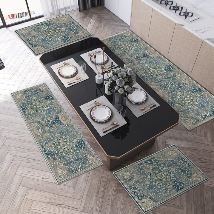 TECHVIDA Kitchen Rugs 4 Piece Set,Non Slip Machine Washable Kitchen Mats,Boho Vintage Abstract Kitchen Carpet for Farmhouse Living Room Hallway