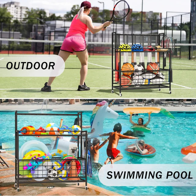 WERSEON Garage Sports Equipment Organizer, Basketball Storage Rack, Sports Organizer Cart with Basket and Hooks