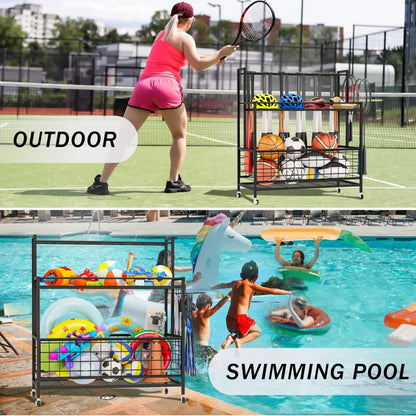 WERSEON Garage Sports Equipment Organizer, Basketball Storage Rack, Sports Organizer Cart with Basket and Hooks