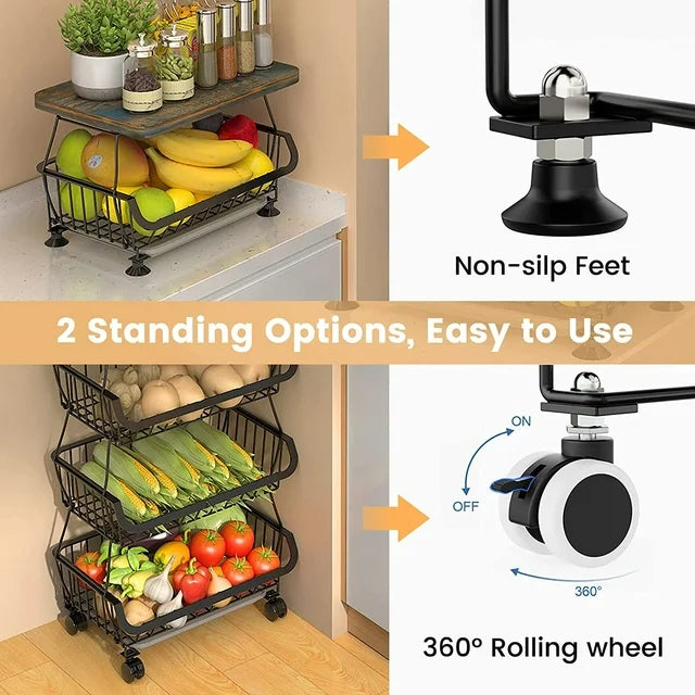 WERSEON 5 Tier Fruit Basket for Kitchen Organizers and Storage, Stackable Metal Wire Basket Stand Cart for Fruit Vegetable