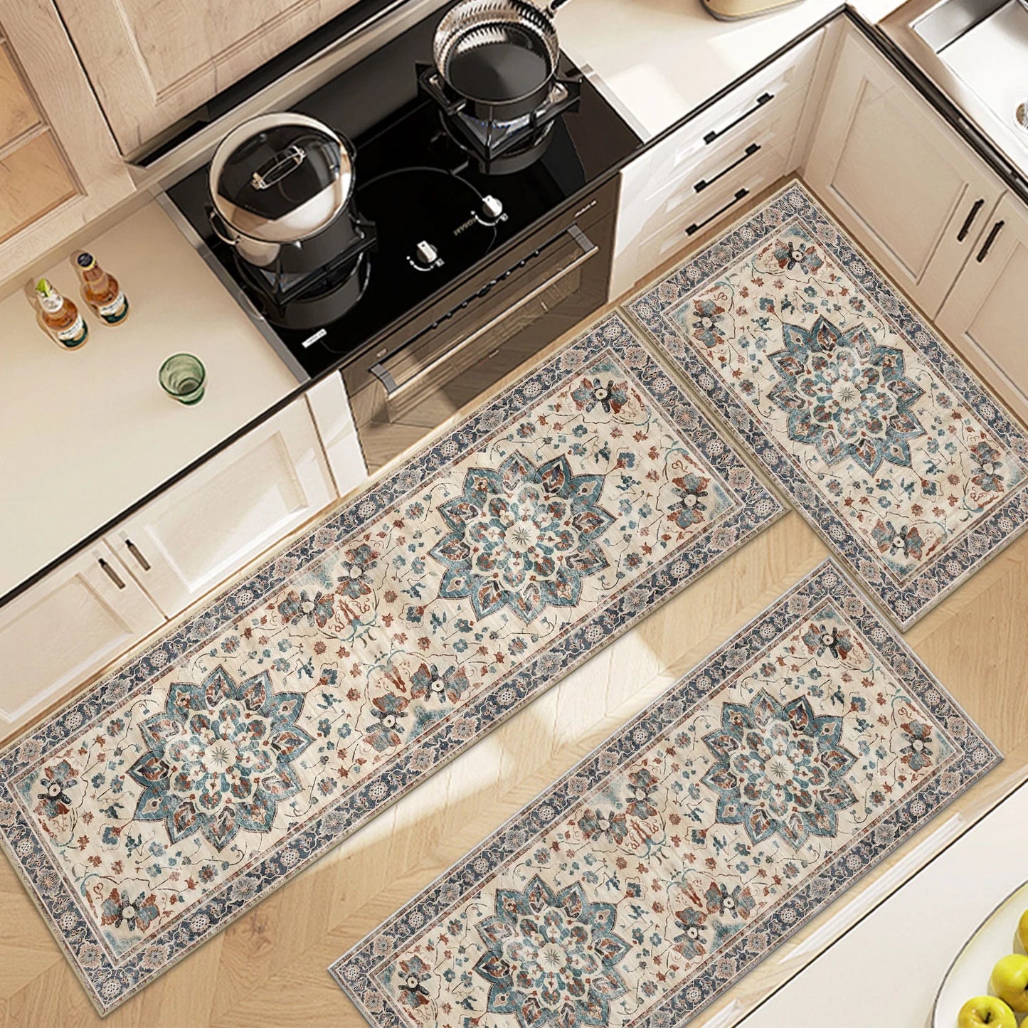 TECHVIDA Kitchen Rugs 3 Piece Set,Non Slip Machine Washable Kitchen Mats,Boho Vintage Abstract Kitchen Carpet for Farmhouse Living Room Hallway
