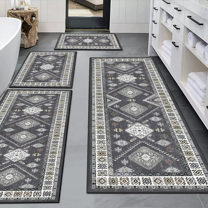 FoxHouse Kitchen Rugs 4 Piece Set,Washable Non Slips Boho Kitchen Floor Mat,Thickness Comfort Standing Mat for Kitchen,Grey