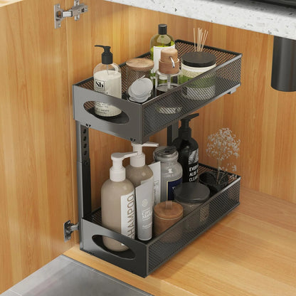 WERSEON Under Sink Organizer, 2 Tier Stainless Steel Pull out Cabinet Organizer Baskets with Mesh Sliding Drawers, Slide out Storage Shelf for Kitchen, Bathroom, Countertop