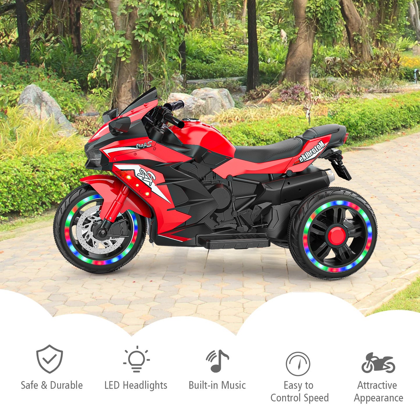 Kids Motorcycle,12V Battery Powered Electric Vehicle with 3 Wheels, LED Lights, Foot Pedal, Red
