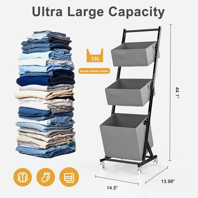 TECHVIDA Freestanding Laundry Sorter with 3 Baskets, Adjustable Metal Laundry Hamper Cart with Lockable Rolling Wheels for Storage