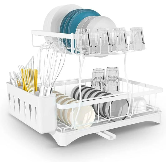WERSEON White Dish Racks for Counter, Stainless Steel Dish Drying Rack with Drip Tray & Utensil Holder, Kitchen Drying Rack for Dishes