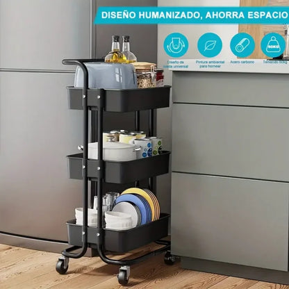Cheelom 3-Layer Small Trolley Storage Rack, Floor-Standing, Kitchen Bathroom Bedroom Bedside Rack, Black