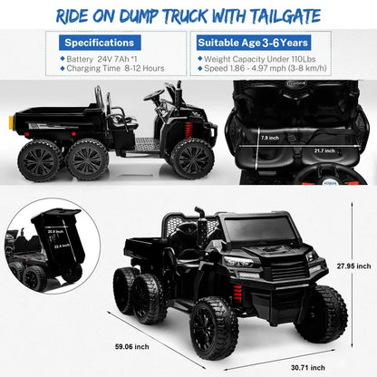 HNH 24V 2 Seater Ride On Car with 6 Large Wheels, Battery Powered Dump Truck with 2.4G Remote Control, Ride On Toy with Dump Bed, 4 Motors, 3 Speeds, Bluetooth