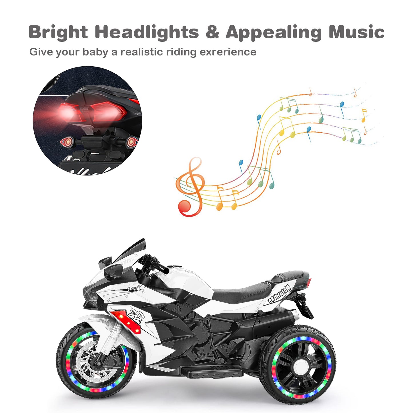 CMGB Battery Powered Electric Vehicle for Kids, 12V Kids Motorcycle with 3 Wheels, LED Lights, White