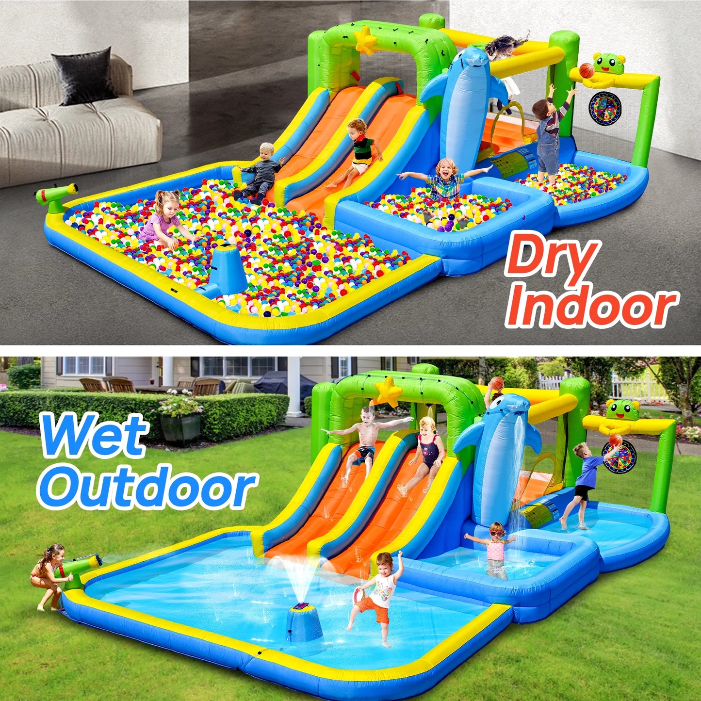 HNH Inflatable Water Park Double Slide Bouncy House with Splash Pool, Water Gun, Basketball, Climbing Wall, Dual Pools for Outdoor Party, Ages 3-12