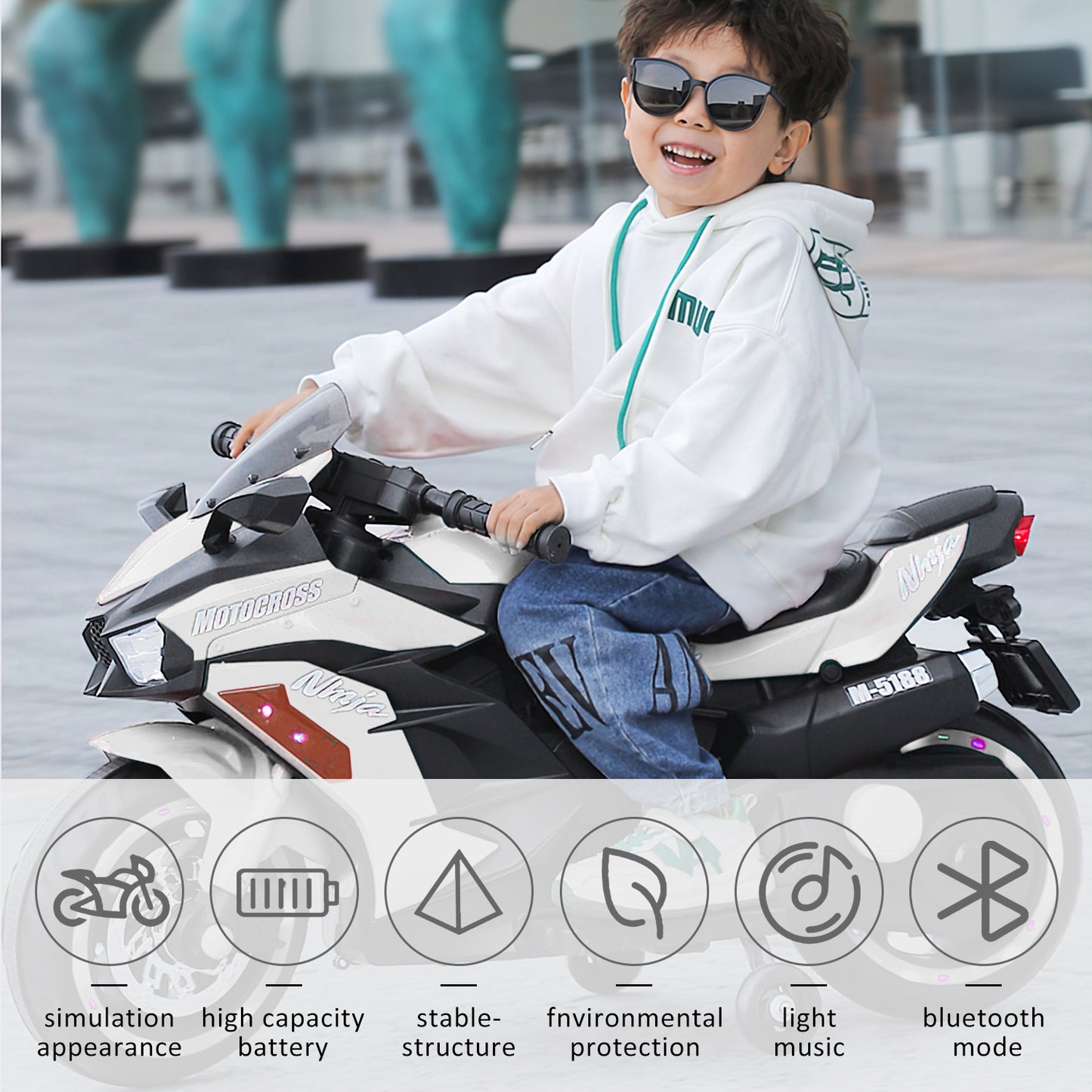 CMGB Kids Motorcycle,12V Ride on Motorcycle Kids Toys, Children Electric Motorcycle with Hand Racing, PU Seat, White