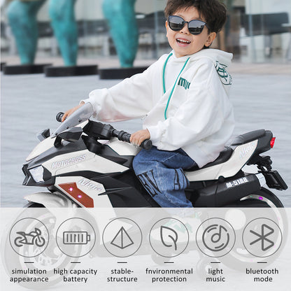 CMGB Kids Motorcycle,12V Ride on Motorcycle Kids Toys, Children Electric Motorcycle with Hand Racing, PU Seat, White