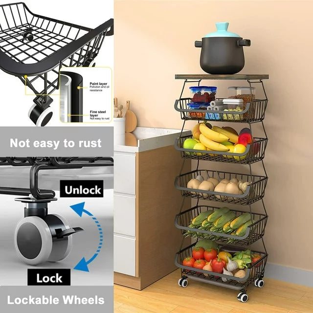 Werseon 6-Tier Fruit Basket Rack, Stackable Wire Basket Cart with Solid Wood, Kitchen Vegetable Storage&Organization