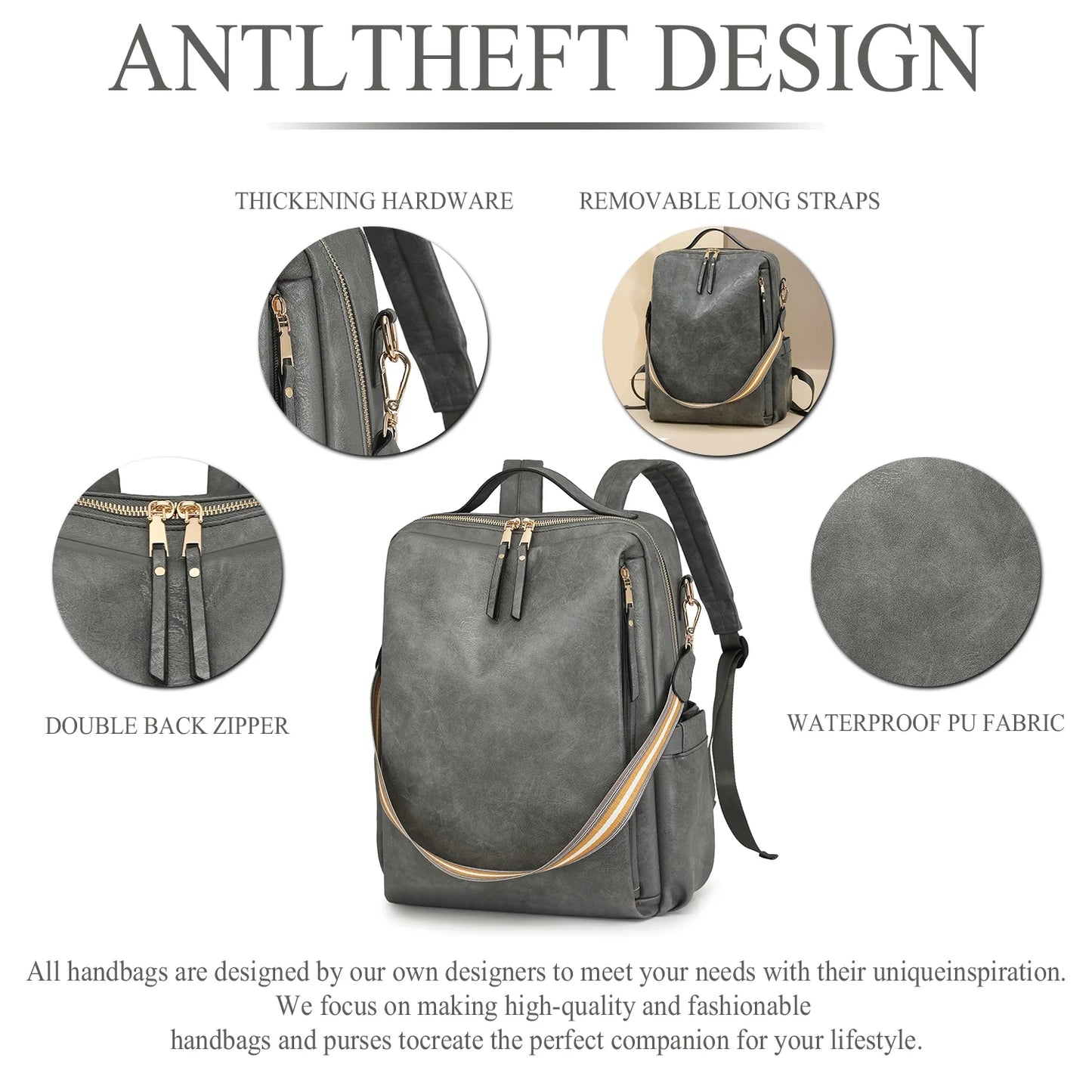 HONGLONG Laptop Backpack for Women, Leather Backpack Purse Convertible Backpack Purse Ladies Large Travel Bag Shoulder Bag Gray