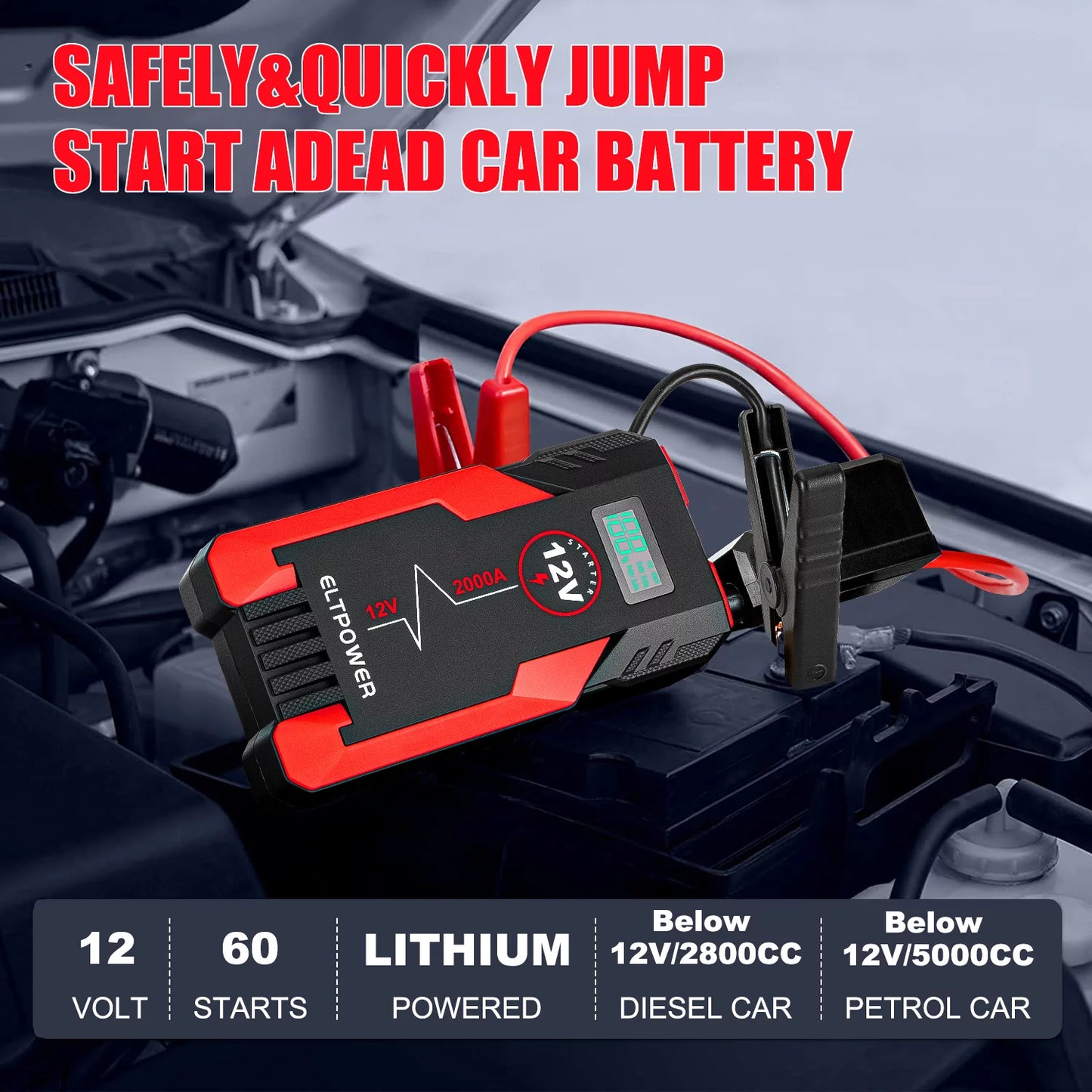 ELTPOWER 20000mAh Car Battery Jump Starter for Up to 9L Gas 7L Diesel, 2000A Peak Auto Car Jump Starter with LED and USB Quick Charge 3.0