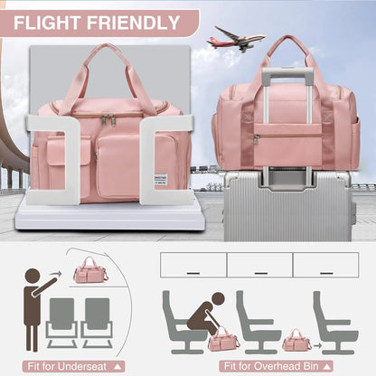 YOMYM Gym Bag for Women, Waterproof Duffle Bag Carry On Weekender Bag with Shoe Compartment & Wet Pocket, Tote Bag for Travel, Pink