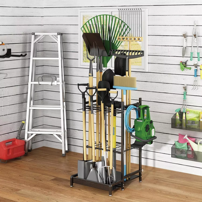Cheelom Garden Tool Organizer , Utility Storage Racks with Hooks, Metal Yard Tool Stand Holder Organizer for Outdoor, Yard, Black