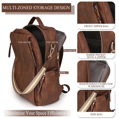 HONGLONG Women's Backpack Purse, PU Leather Laptop Backpack with 15.6 Inch Laptop Compartment, College Work Computer Bag
